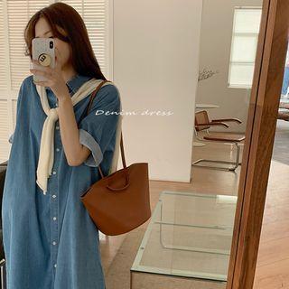 Short-sleeve Denim Midi Shirt Dress Blue - One Size