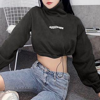 Lettering Printed Turtle-neck Long-sleeve Fleece Sweatshirt