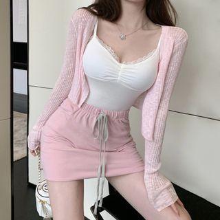 Long-sleeve Plain Sheer Knit Cardigan / Lace Panel Camisole Top / Drawstring Plain Skort