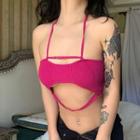 Halter-neck Plain Cut-out Crop Camisole Top Pink - One Size