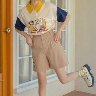 Short-sleeve Collar Dog Print T-shirt / Shorts