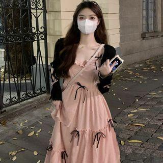 Spaghetti-strap Bow Accent Midi A-line Dress / Cropped Cardigan