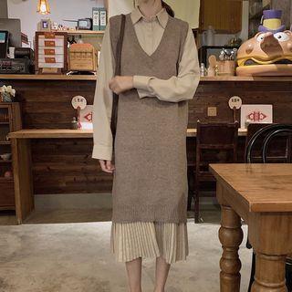 Long-sleeve Midi A-line Shirt Dress / Knit Vest