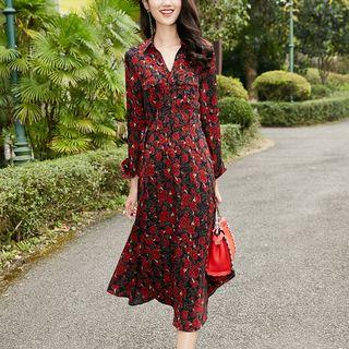 Floral Print Long Sleeve Midi Shirt Dress