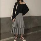 Plain Long-sleeve Oversize T-shirt / Midi Tiered Skirt