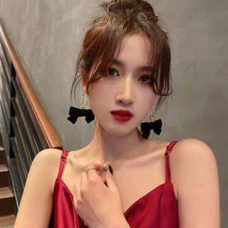 Rhinestone Velvet Bow Drop Earring 1 Pair - Black - One Size