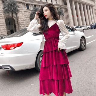 Mock-neck Dotted Long-sleeve Top / Velvet Midi Spaghetti Strap Dress