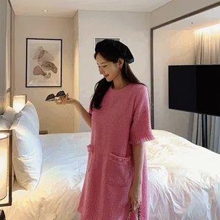 Dual-pocket Fringe Tweed Dress