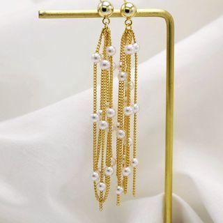 Faux-pearl Fringed Earring 1 Pair - White Faux Pearl - Gold - One Size