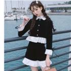 Set: Long-sleeve Color Block Frill Trim Shirt + Wide-leg Shorts