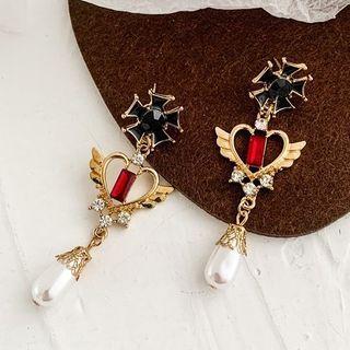 Rhinestone Alloy Flying Heart Faux Pearl Dangle Earring