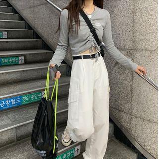 Drawstring Long-sleeve Top / Wide-leg Cargo Pants