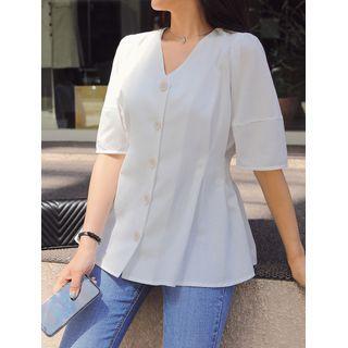 Plus Size V-neck Pintuck-waist Blouse