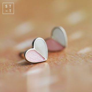925 Sterling Silver Color Panel Heart Stud Earring Silver - One Size