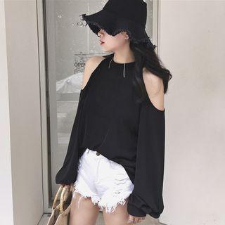 Cutout Shoulder Long Sleeve Plain T-shirt