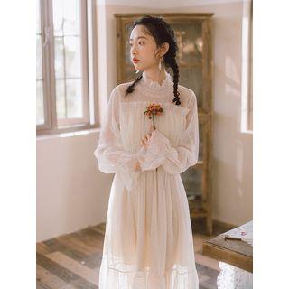 Mock-turtleneck Bell-sleeve A-line Midi Mesh Dress
