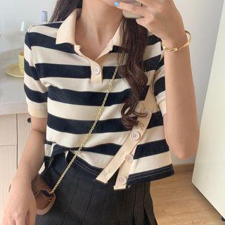 Short-sleeve Striped Button Accent Polo Shirt