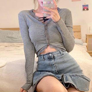 Long-sleeve Lace Trim Button-up Crop Top / Bow-accent Camisole Top / Mini A-line Denim Skirt