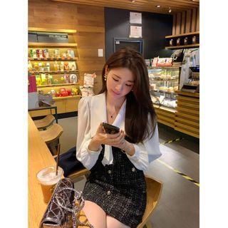 Set: Long-sleeve Mock-tie Blouse + Tweed Mini Sheath Overall Dress
