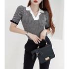 Collared Patterned Knit Top Black - One Size
