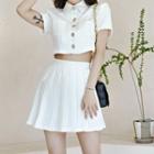 Set Of 2: Short-sleeve Single-breasted Cropped Top + High-waist Plain Pleated Skirt