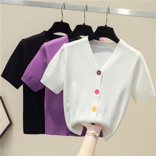 Short-sleeve Button-up Plain Knit Top