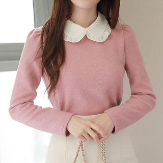 Frilled Peterpan-collar Puff-shoulder Knit Top