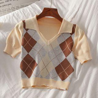 Short-sleeve Collar Argyle Knit Top Argyle - Brown & Khaki - One Size