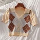 Short-sleeve Collar Argyle Knit Top Argyle - Brown & Khaki - One Size