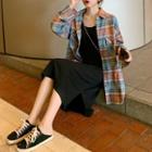 Set: Plaid Shirt + Spaghetti-strap Dress Shirt - Plaid - One Size / Dress - Black - One Size