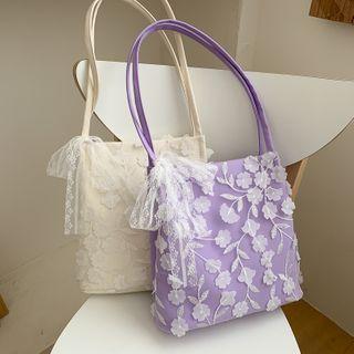 Flower Applique Faux Leather Bucket Bag