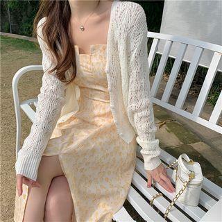 Spaghetti Strap Floral Dress / Long-sleeve Cutout Cardigan