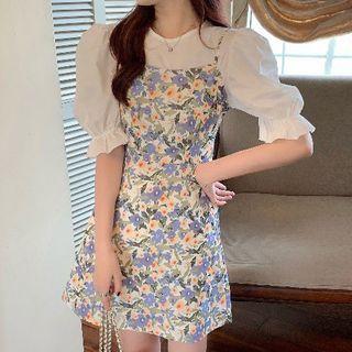 Puff-sleeve Blouse / Spaghetti Strap Floral Print Dress