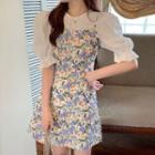 Puff-sleeve Blouse / Spaghetti Strap Floral Print Dress