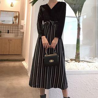 Mock Two-piece Long-sleeve Striped Panel Midi A-line Dress Black - One Size