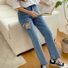 Band-waist Cutout-detail Wide-leg Jeans