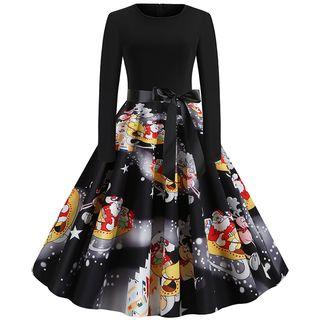 Panel Santa Claus Print Long-sleeve Dress