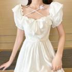 Short-sleeve Ruffled Cross Strap Tie Neck Dress