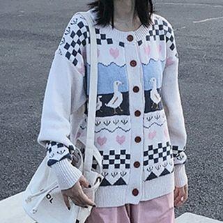 Knitted Print Crew-neck Cardigan As Shown In Figure - One Size