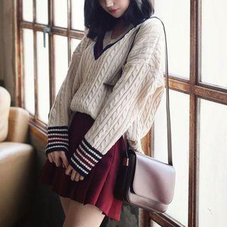 Off-shoulder Long-sleeved Loose-fit Knitted V-neck Sweater