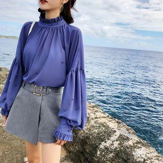 Bead Balloon-sleeve Chiffon Blouse