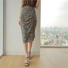 Drawstring-front Patterned Midi Skirt