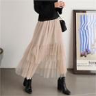 Tiered Mesh-overlay Maxi Flare Skirt