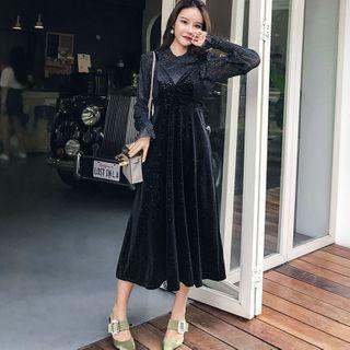 Set: Long-sleeve Glitter Mesh Top / Spaghetti Strap A-line Midi Dress