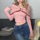 Set: Long-sleeve Scoop-neck Crop Top + Fluffy Trim Bow Tube Shawl