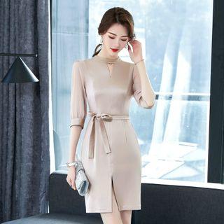 Cut-out Elbow-sleeve Mini Sheath Dress