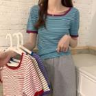 Square Neck Color Block Pinstriped Knitted Short Sleeve Top