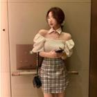 Puff-sleeve Square Neck Shirred Top / High-waist Split Plaid Skirt