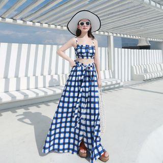 Set: Spaghetti Strap Plaid Top + A-line Maxi Skirt