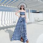 Set: Spaghetti Strap Plaid Top + A-line Maxi Skirt